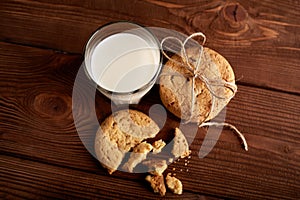 Cookies and milk. Chocolate chip cookies and a glass of milk. Vintage look.