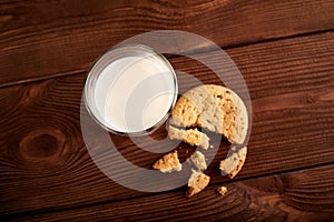 Cookies and milk. Chocolate chip cookies and a glass of milk. Vintage look.