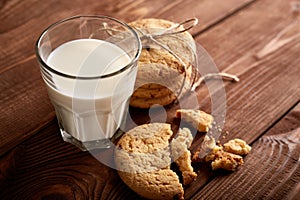 Cookies and milk. Chocolate chip cookies and a glass of milk. Vintage look.