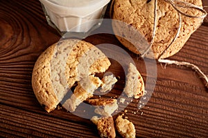 Cookies and milk. Chocolate chip cookies and a glass of milk. Vintage look.