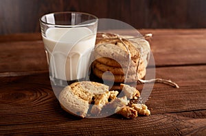 Cookies and milk. Chocolate chip cookies and a glass of milk. Vintage look.