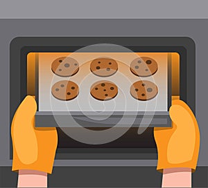 Cookies on oven, hand insert or put out pan with chocolate biscuit, cartoon flat illustration vector