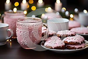 Cookies with pink glaze on white plates and cute vintage cups of hot cacao or chocolate drinks on dark brown table