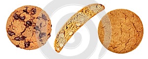 Cookies set, isolated on a white background. Chocolate chip cookie, biscotti and a gingersnap