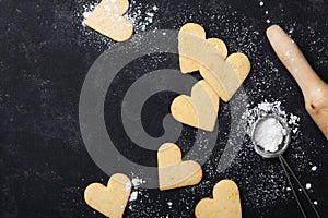 Cookies in shape of heart for Valentines day. Sweet baking. Top view.