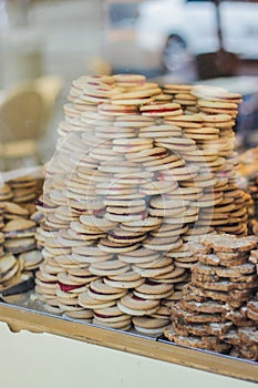 Cookies in a shop window of a pastry shop - bakery in Mamilla Mall in Jerusalem, Israel