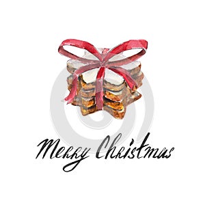 The cookies stack with red ribbon, bow isolated on white background and lettering `Merry Christmas`, watercolor illustration.