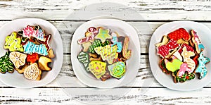Cookies tree Christmas background with xmas food table plate
