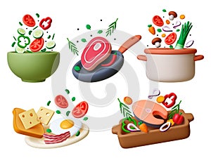 Cooking 3d scenes. Realistic food, kitchenware and pot. Fresh salad, breakfast, dinner and lunch meals. Flying meat