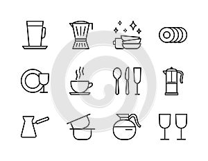 Cooking accessories flat line icons set. Kitchen equipment, utensil and cutlery. Simple flat vector illustration for clinic, web