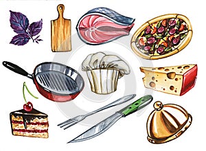 Cooking attributes hand drawn watercolor illustrations set