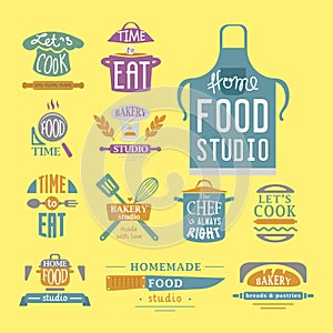 Cooking badge motivation text vector illustration bakery shop food typography labels design elements