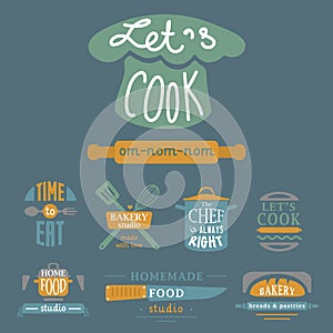 Cooking badge motivation text vector illustration bakery shop food typography labels design elements