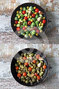 Before and after cooking. Baked Brussels sprouts in a pan with cherry tomatoes, garlic and olives. Vegan food. Diet concept. Autu.