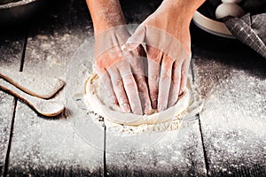 Cooking bakery hands crumple dough into  flat cake