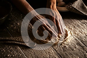 Cooking bakery hands crumple dough into  flat cake