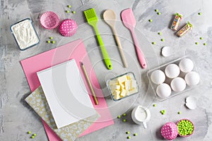 Cooking baking flat lay background with eggs butter kitchen tool