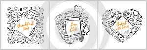 Cooking, baking and food background set. Square and heart doodle frame.