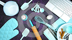 Cooking baking food theme desktop workspace on stylish purple background.