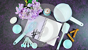 Cooking baking food theme desktop workspace on stylish purple background.