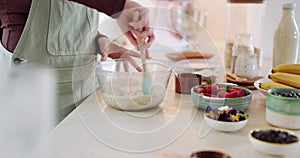 Cooking, baking or hands in kitchen for cake recipe, chocolate dessert or mixing flour pastry in bowl. Person, food