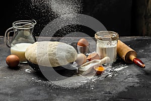 Cooking and baking ingredients utensils on dark background. Lactose and gluten free. banner, menu, recipe place for text