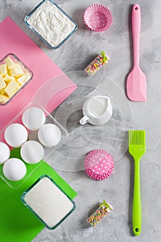 Cooking baking for kids flat lay background