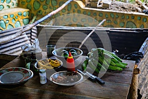 Cooking bananas on a table at a street food restaurant in the Dominican Republic.