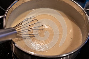 Cooking of bechamel sauce in a pot