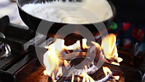 Cooking bechamel white sauce flame gas stove