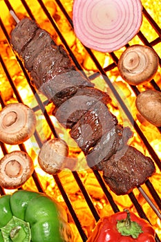 Kebab de ternera y verduras en un fuego caliente de la parrilla de la barbacoa.