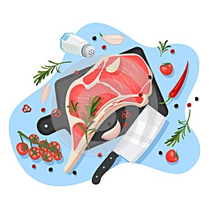 Cooking beef steak,  cartoon illustration. Black graphite cutting board with raw pork fillet on white background