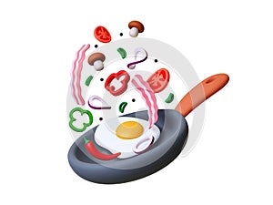 Cooking breakfast 3d concept. On pan frying eggs, vegetables and bacon slices. Morning food exploding on fry pan