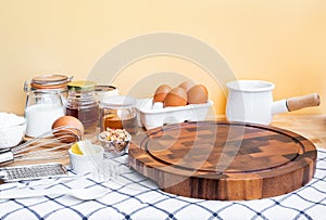 Cooking breakfast food or bakery with ingredient and copy space of chopping board