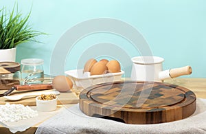 Cooking breakfast food or bakery with ingredient and copy space of chopping board background