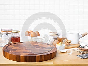 Cooking breakfast food or bakery with ingredient and copy space of chopping board background