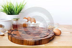 Cooking breakfast food or bakery with ingredient and copy space of chopping board background