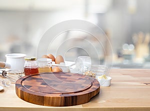 Cooking breakfast food or bakery with ingredient and copy space of chopping board background