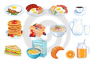 Cooking breakfast, vector cartoon illustration. Set of isolated morning meal dishes. Restaurant or cafe brunch menu design