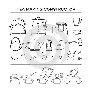 Cooking brew tea procedure constructor set icons. How to make hot drink teapot and boil in the kettle water vector line