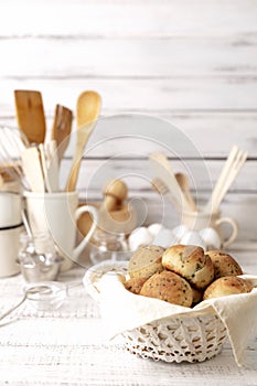 Cooking buns. Ingredients, crockery and kitchenware for buns