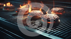 cooking burgers on hot grill with flames. Generative AI