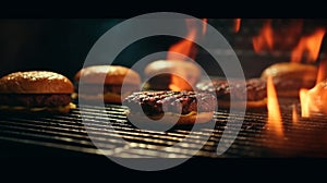 cooking burgers on hot grill with flames. Generative AI