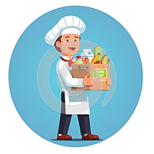 Cooking chef holding box with delivery meal
