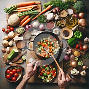 Cooking - chef\'s hands preparing vegetable vegetarian stew (thick soup). Kitchen scenery - pot with recipe