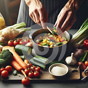 Cooking - chef\'s hands preparing vegetable vegetarian stew (thick soup). Kitchen scenery - pot with recipe