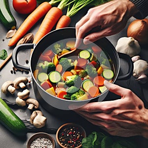 Cooking - chef\'s hands preparing vegetable vegetarian stew (thick soup). Kitchen scenery - pot with recipe