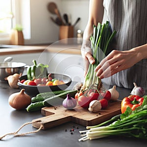 Cooking - chef\'s hands preparing vegetable vegetarian stew (thick soup). Kitchen scenery - pot with recipe