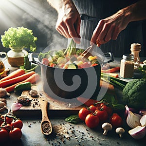 Cooking - chef\'s hands preparing vegetable vegetarian stew (thick soup). Kitchen scenery - pot with recipe i