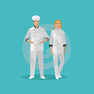 Cooking chefs characters. Vector illustration in flat style design. Woman and man chef cook